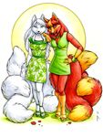  couple dress female krinele leaning megan_giles molly_fullin multiple_tails open_mouth plain_background white_background 