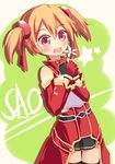  :d brown_hair cupen fingerless_gloves gloves highres open_mouth red_eyes short_hair short_twintails silica skirt smile solo sword_art_online thighhighs twintails 