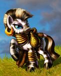  blue_eyes clothed clothing cloud cutie_mark ear_piercing equine female feral friendship_is_magic harwick horse looking_at_viewer mammal my_little_pony outside piercing pony solo zebra zecora_(mlp) 