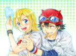  1girl beanie black_hair blonde_hair blue_eyes choker couple food fujisaki_yuusuke goggles hat hetero horns ice_cream koromo_(ttksymk) onizuka_hime short_hair sket_dance yellow_eyes 