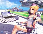  aircraft airplane belt blonde_hair blue_eyes breasts can cecilia_(pangya) chair computer copyright_name cropped crossed_legs day fighter_jet hat holding jet kamdia laptop large_breasts legs long_legs midriff military military_vehicle miniskirt pangya short_hair sitting skirt sky solo table thighs wallpaper watermark 