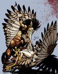  aggressive avian blood blue_background breasts centaur couple ear_piercing equine female harpy human killing mammal megan_giles melee_weapon nude piercing plain_background polearm spear taur warrior wings 