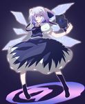  bow cirno detached_wings hair_bow ice ice_wings mutsuki_riichi puffy_sleeves purple_eyes purple_hair short_hair short_sleeves smile solo touhou wings 