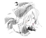  blush closed_eyes crescent greyscale harusame_(unmei_no_ikasumi) hat lunasa_prismriver monochrome puffy_sleeves saliva short_hair solo tongue touhou 