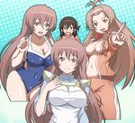  :d alternate_hairstyle apron aqua_background banboro_(technobot) bangs bare_shoulders be_with_hiroshi_uniform blue_swimsuit blush body_blush braid breasts brown_eyes brown_hair cleavage competition_school_swimsuit cowboy_shot de_metrio_lu_yurikano hair_between_eyes hairband halftone halftone_background hand_on_own_chest high_collar jacket kamogawa_girls'_high_school_swimsuit kyouno_madoka large_breasts leaning_forward long_hair long_sleeves looking_at_viewer maid multiple_girls multiple_persona navel no_bra one-piece_swimsuit open_clothes open_jacket open_mouth orange_eyes outstretched_arm pants pink_hair pointing rinne_no_lagrange school_swimsuit scrunchie side_braid sleeves_rolled_up smile surprised sweatdrop swimsuit taut_clothes topknot track_jacket track_pants track_suit twin_braids upper_body very_long_hair waitress wide_hips 