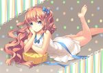  anklet bad_id bad_pixiv_id barefoot blue_eyes bow curly_hair dress feet hair_bow hand_on_own_face jewelry legs_up long_hair looking_at_viewer lying on_stomach one_side_up orange_hair original pillow sleeveless sleeveless_dress soles solo toes unya_(unya-unya) wavy_hair 