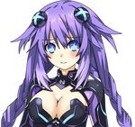  blue_eyes blush braid breasts cleavage cleavage_cutout hair_ornament large_breasts long_hair looking_at_viewer mizukagi_yakuhina neptune_(series) purple_hair purple_heart smile solo symbol-shaped_pupils transparent_background twin_braids upper_body 