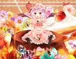  blush bow cake candy dress flowers hat heart mushipan pink_hair red_eyes remilia_scarlet ribbons short_hair strawberry touhou wings 