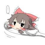  blush bow braid brown_hair hakurei_reimu lowres rebecca_(keinelove) rice_spoon short_hair solo spoon touhou 