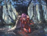  1girl absurdres arm_support bangs bodysuit breasts bug butterfly closed_mouth darling_in_the_franxx forest green_eyes hand_up highres horns in_water insect long_hair medium_breasts nature oni_horns pilot_suit pink_hair red_bodysuit red_horns seiza sitting skin_tight solo song_ren straight_hair traditional_media water watercolor_pencil_(medium) zero_two_(darling_in_the_franxx) 