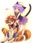  &lt;3 abstract_background animal_ears belly brown_hair cat_ears catboy clothing collar cotora crossdressing feli_cith feline green_eyes hair looking_at_viewer male mammal navel open_mouth pawpads paws plain_background purple_hair raised_tail shirt shorts skirt white_background yellow_eyes 