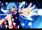  blue_eyes blue_hair blush bow cirno do_(4-rt) fang hair_bow ice ice_wings letterboxed open_mouth short_hair short_sleeves solo touhou wings 