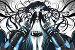  arm_cannon bad_id bad_pixiv_id bikini_top black_hair black_rock_shooter black_rock_shooter_(character) blue_eyes chain faefaea highres jacket long_hair monochrome navel scar short_shorts shorts solo spot_color star twintails weapon 