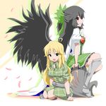  ahoge black_hair blonde_hair bow crossover fueiku green_eyes hair_bow hoshii_miki idolmaster idolmaster_(classic) long_hair multiple_girls red_eyes reiuji_utsuho smile touhou wings 