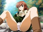  1girl bangs blazer blush boots breasts brown_boots brown_eyes brown_hair cameltoe forest green_green green_skirt jacket large_breasts long_hair looking_at_viewer miniskirt nature open_mouth outdoors panties pantyshot pantyshot_(sitting) sitting skirt skirt_lift solo spread_legs thighs tree underwear upskirt white_panties 