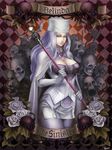  belinda_(unlight) breasts cape character_name checkered checkered_background cleavage cleavage_cutout corset eyebrows eyelashes flower hat highres large_breasts long_hair miniskirt pantyhose purple_hair rose skirt skull solo staff unlight veine yellow_eyes 