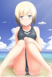  beach black_hair blonde_hair blue_eyes blush cloud day erica_hartmann highres looking_at_viewer multicolored_hair ocean one-piece_swimsuit outdoors partially_submerged ricegnat sand short_hair sitting sky solo strike_witches swimsuit two-tone_hair water wet world_witches_series 
