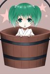  bucket green_eyes green_hair hair_bobbles hair_ornament in_bucket in_container kisume open_mouth short_hair solo touhou twintails wooden_bucket 