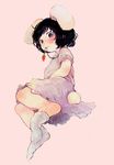  animal_ears black_hair blue_eyes blush bunny_ears bunny_tail carrot carrot_necklace inaba_tewi jewelry looking_at_viewer lying mouth_hold nanzuyo_(gnsi) necklace pendant pink_background short_sleeves simple_background sock_dangle socks solo tail touhou white_legwear 