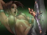  axe_kick barefoot brazilian breasts breasts_apart brown_eyes brown_hair capoeira christie_monteiro criss-cross_halter dark_skin feet fingerless_gloves gloves halter_top halterneck high_kick highres junny kicking large_breasts lipstick long_hair makeup official_art one_eye_closed ponytail sideboob solo tekken tekken_tag_tournament_2 toe_scrunch toes wallpaper zoom_layer 