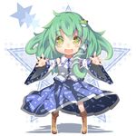  :d bad_id bad_pixiv_id bare_shoulders blush boots chibi detached_sleeves frog_hair_ornament green_eyes green_hair hair_ornament hair_tubes kochiya_sanae long_hair open_mouth outstretched_arms shiitake_(mm0820) smile snake solo star touhou 