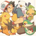  1boy black_hair brown_eyes cap child cyaneko hat oshawott pikachu pokemon pokemon_(anime) pokemon_(game) pokemon_bw satoshi_(pokemon) scraggy sewaddle snivy tepig 