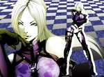  bare_shoulders blonde_hair blue_eyes bodysuit boots breasts checkered checkered_background contrapposto elbow_gloves flat_color fujisawa_tomio gloves highres knee_boots knife large_breasts lips long_hair nina_williams official_art ponytail solo standing tekken tekken_tag_tournament_2 wallpaper 