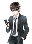  blue_eyes brown_hair cellphone cigarette formal hand_in_pocket male_focus matsuda_jinpei mca_(dessert_candy) meitantei_conan messy_hair necktie phone smile solo suit sunglasses white_background 