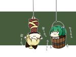  :3 blonde_hair bow bucket green_hair hair_bobbles hair_bow hair_ornament in_bucket in_container kisume kurodani_yamame long_sleeves multiple_girls rikapo short_hair touhou translation_request twintails upside-down wooden_bucket 