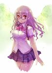  alternate_hairstyle bag bespectacled blush bra breasts glasses idolmaster idolmaster_cinderella_girls kanzaki_ranko kara_(color) large_breasts long_hair open_mouth orange_eyes plaid plaid_skirt purple_hair school_uniform see-through_silhouette skirt solo sweat underwear wet 