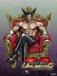  abs age_regression bandages black_hair boots crossed_legs facial_hair goatee male_focus mishima_heihachi muscle official_art pants shiny shiny_clothes shirtless sitting solo spiked_hair tekken tekken_tag_tournament_2 throne veins yamashita_shun'ya younger 