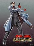  alternate_costume black_hair fingerless_gloves formal gloves glowing glowing_eye gun hair_slicked_back handgun heterochromia long_coat male_focus mishima_kazuya official_art pistol red_eyes solo suit tekken tekken_tag_tournament_2 weapon yamashita_shun'ya 