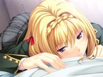  3: bed blazer blonde_hair braid game_cg hair_intakes jacket joker_-shisen_no_hate_no_doukeshi- koharubi_hinageshi oryou plaid plaid_skirt purple_eyes school_uniform skirt solo 