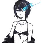  alternate_hair_length alternate_hairstyle banned_artist bare_shoulders bikini_top black_hair black_rock_shooter black_rock_shooter_(character) blue_eyes choker flat_chest glowing glowing_eye jacket lowres off_shoulder scar short_hair solo tribute 