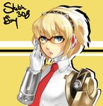  aegis_(persona) android bespectacled blonde_hair blue_eyes eu03 glasses headphones necktie over-rim_eyewear persona persona_3 persona_4:_the_ultimate_in_mayonaka_arena red-framed_eyewear revision semi-rimless_eyewear short_hair solo upper_body 