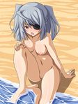  beach blush breasts eyepatch highres infinite_stratos laura_bodewig medium_breasts mei_ichi navel nipples nude open_mouth partially_submerged pussy red_eyes short_twintails silver_hair solo twintails 