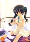 absurdres artist_name bed black_hair cellphone collarbone dress food hair_brush hair_brushing hair_ribbon highres mouth_hold non-web_source original phone pillow red_eyes ribbon scan sitting solo sweets twintails wano 
