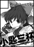  akanasu black_border border circle_cut greyscale hakurei_reimu long_hair looking_at_viewer monochrome mouth_hold simple_background smile solo touhou translation_request 