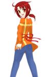  :d ass bad_id bad_pixiv_id blush bow denim from_behind highres hino_akane_(smile_precure!) jeans long_sleeves looking_back nagamon open_mouth orange_eyes orange_shirt pants ponytail precure red_hair shirt smile smile_precure! solo 