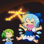  &gt;_&lt; :d barefoot bloomers blue_hair cirno closed_eyes daiyousei detached_wings dress fire gomi_ichigo green_hair highres ice ice_wings multiple_girls open_mouth outstretched_arms smile spread_arms touhou underwear wings xd 