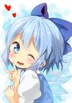  blue_eyes blue_hair blush bow cirno hair_bow heart ice ice_wings jigatei_(omijin) one_eye_closed open_mouth puffy_sleeves short_hair short_sleeves solo touhou v wings 