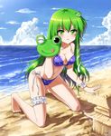  :o bad_id bad_pixiv_id barefoot beach bikini blush breasts cleavage cloud day frog_hair_ornament front-tie_top green_eyes green_hair hair_ornament hair_tubes kneeling kochiya_sanae leg_garter lens_flare long_hair medium_breasts ocean outdoors sand_castle sand_sculpture sgtxiaoxin shiny shiny_skin side-tie_bikini skindentation sky snake solo strap_gap swimsuit touhou water 