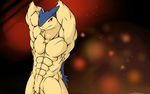  anthro beefcake biceps big_muscles buff chest_tuft flexing fur male muscles nintendo nude pecs plain_background pok&#233;mon pose red_eyes solo tuft typhlosion video_games waddledox 