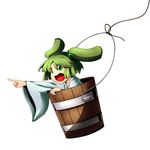  bbb_(33kudo) bucket green_eyes green_hair hair_bobbles hair_ornament in_bucket in_container kisume long_sleeves open_mouth pointing short_hair solo touhou twintails white_background wide_sleeves wooden_bucket 