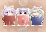  animal_ears blonde_hair bow bunny_ears closed_eyes commentary_request cup hair_bow hair_ribbon hammer_(sunset_beach) hat in_container in_cup long_hair multiple_girls purple_eyes purple_hair red_eyes reisen ribbon short_hair smile touhou watatsuki_no_toyohime watatsuki_no_yorihime 
