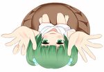  bucket green_eyes green_hair hair_bobbles hair_ornament in_bucket in_container kisume oni_tofu open_mouth outstretched_arms short_hair smile solo touhou twintails white_background 