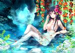  arm_up armlet bad_id bad_pixiv_id bare_shoulders barefoot bikini black_hair blush breasts cave cleavage colorful crossed_ankles feet flower front-tie_top hair_between_eyes hibiscus highres large_breasts lips long_hair looking_at_viewer midriff nardack navel original partially_submerged petals purple_eyes side-tie_bikini sitting smile solo striped striped_legwear swimsuit thighhighs toeless_legwear toenails toes vertical-striped_legwear vertical_stripes very_long_hair water wet white_legwear white_swimsuit 