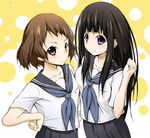  black_hair brown_hair chitanda_eru hyouka ibara_mayaka long_hair multiple_girls pikota_(picot) purple_eyes red_eyes school_uniform serafuku short_hair 