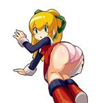  :o all_fours arm_support ass blonde_hair blush_stickers boots collar dress from_behind green_eyes hair_ribbon highres knee_boots kneeling long_hair long_sleeves looking_back mo-re: panties petticoat pink_panties ponytail red_skirt ribbon rockman rockman_(classic) roll simple_background skirt solo thighs underwear white_background wrist_cuffs 