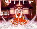  architecture bell bow detached_sleeves east_asian_architecture frills gohei grey_eyes grey_hair hair_bow hairband hakurei_reimu highres long_skirt obi oonusa rope sash shide shimenawa short_hair shrine skirt smile solo ten_ryuu_sadaaki touhou wide_sleeves yin_yang 